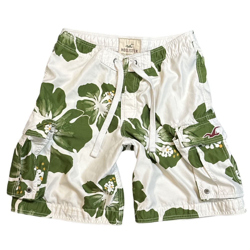 Y2K HOLLISTER men's white + green tropical hawaiian print cargo swim trunks, M.